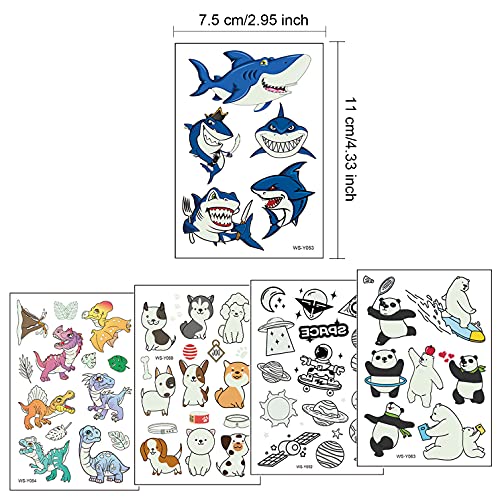 TSHAOUN 150 Piezas de Tatuajes Temporales para Niños, Dinosaurio Panda Pirata Animal Espacio Exterior Temática Tatuajes Falsos Luminosos para Regalo de Decor Fiesta para Niños (15 Hojas)