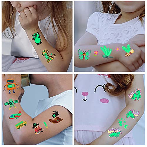 TSHAOUN 150 Piezas de Tatuajes Temporales para Niños, Dinosaurio Panda Pirata Animal Espacio Exterior Temática Tatuajes Falsos Luminosos para Regalo de Decor Fiesta para Niños (15 Hojas)