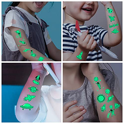 TSHAOUN 150 Piezas de Tatuajes Temporales para Niños, Dinosaurio Panda Pirata Animal Espacio Exterior Temática Tatuajes Falsos Luminosos para Regalo de Decor Fiesta para Niños (15 Hojas)