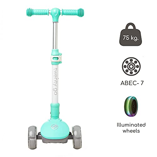 Twenty Go - Patinete Infantil 3 Ruedas con Luces - Manillar Ajustable 57 a 77cm - Menta