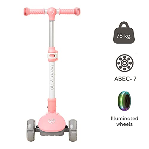 Twenty Go - Patinete Infantil 3 Ruedas con Luces - Manillar Ajustable 57 a 77cm - Rosa