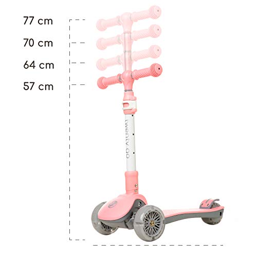 Twenty Go - Patinete Infantil 3 Ruedas con Luces - Manillar Ajustable 57 a 77cm - Rosa