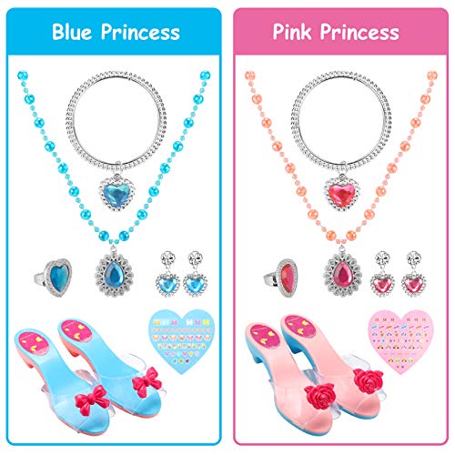 TwobeFit Juego de Zapatos y Accesorios de Princesa, Accesorios de Disfraz de Princesa con Zapatos, Capa Azul, Collar, Guantes, Varita, Pulseras y aretes para niñas