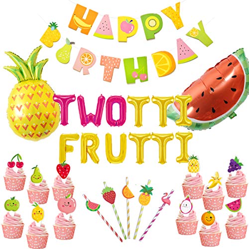 Twotti Fruity Birthday Decorations Artículos para fiestas Twotti Frutti Globos, Primeros de la torta de frutas Pajitas de papel Piña Sandía Globos Verano 2º Fiesta de cumpleaños Tutti Frutti