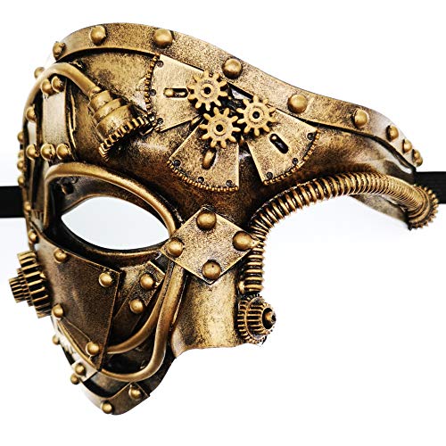 Ubauta Máscara veneciana de Cyborg de metal Steampunk, máscara de disfraces de oro para fiesta de disfraces de Halloween / Phantom Of The Opera / Mardi Gras Ball