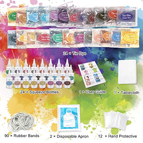 Ucradle 24 colores Tie Dye Kit, Neón Pinturas Textiles de Tela Permanentes Conjunto de Tinte Tie Tie de un Solo Paso Camisa Tela Tinte Duministros No Tóxicos Moda de Bricolaje para Niños, Adultos