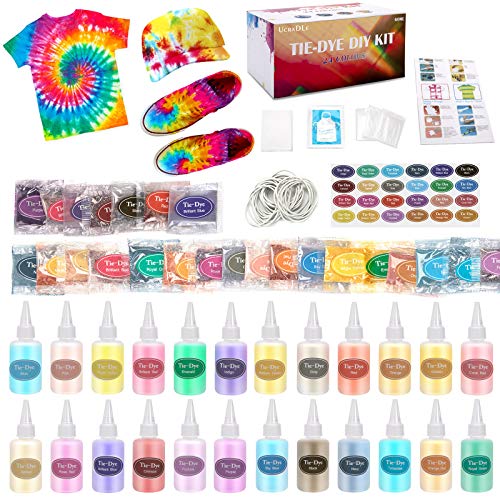 Ucradle 24 colores Tie Dye Kit, Neón Pinturas Textiles de Tela Permanentes Conjunto de Tinte Tie Tie de un Solo Paso Camisa Tela Tinte Duministros No Tóxicos Moda de Bricolaje para Niños, Adultos