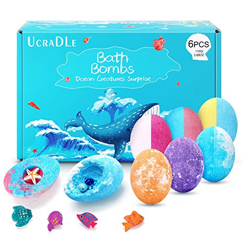 Ucradle Bomba de Baño 6 Piezas con Sorpresa Bombas de Baño Orgánicas Naturales Bolas de Baño de Burbujas Efervescentes con Aceites Esenciales Divertidas y Relajantes para Cumpleaños de Niñas y Niños