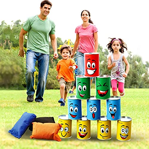 ULIFEME Juego Jardin, Juego de Puntería para Niños, 10pcs Sonreír Metal Tirar Latas y 3pcs Bolsas de Frijol, Callejón de Lata Juguetes para Exterior y Casa, Cumpleaños y Fiesta - Niño Gran Regalo