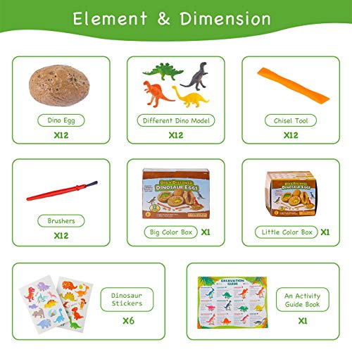 Ulikey 12PCS Dinosaur Eggs, Huevos de Dinosaurio de Kit de Excavación, Descubre 12 Dinosaurios Diferentes, Dino Egg Dig Kit, Fiesta de Pascua de Juguete Stem Juguetes Educativos para Niños