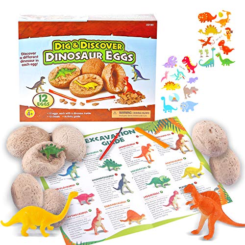 Ulikey 12PCS Dinosaur Eggs, Huevos de Dinosaurio de Kit de Excavación, Descubre 12 Dinosaurios Diferentes, Dino Egg Dig Kit, Fiesta de Pascua de Juguete Stem Juguetes Educativos para Niños