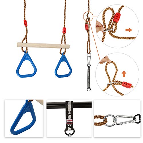 Ulikey Multifunción Columpios de Cadena de Alta Resistencia para Niños, Trapecio con Anillos, Columpio Trapecio de Madera de Árbol para Exterior e Interior de la Gimnasia Soporta hasta 120 kg (Azul)