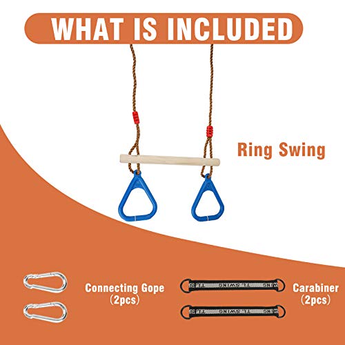 Ulikey Multifunción Columpios de Cadena de Alta Resistencia para Niños, Trapecio con Anillos, Columpio Trapecio de Madera de Árbol para Exterior e Interior de la Gimnasia Soporta hasta 120 kg (Azul)