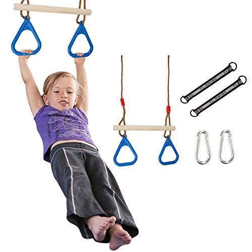 Ulikey Multifunción Columpios de Cadena de Alta Resistencia para Niños, Trapecio con Anillos, Columpio Trapecio de Madera de Árbol para Exterior e Interior de la Gimnasia Soporta hasta 120 kg (Azul)