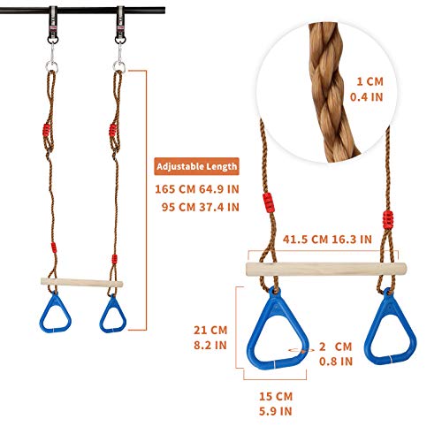 Ulikey Multifunción Columpios de Cadena de Alta Resistencia para Niños, Trapecio con Anillos, Columpio Trapecio de Madera de Árbol para Exterior e Interior de la Gimnasia Soporta hasta 120 kg (Azul)