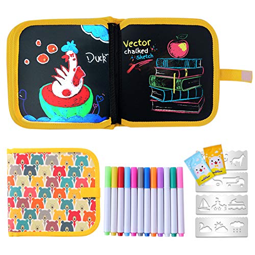 Ulikey Tabla de Dibujo Portátil para Niños, Tablero de Dibujo de Graffiti, Libros Blandos de Pizarra Reutilizable Borrable con 12 Plumas de Colores 14 Página (Bear)