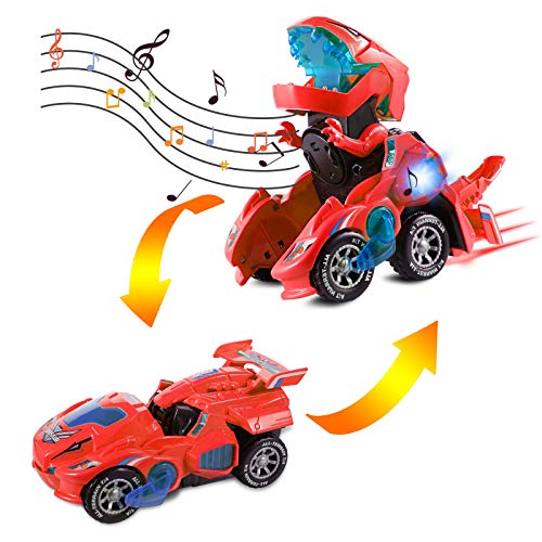 Ulikey Transformación Dinosaurio Coche, Coches de Dinosaurios Juguetes con luz LED Música, Robot de Coche Transformador de Dinosaurio para Juguetes para Regalos de Cumpleaños Niños Juguetes (Rojo)