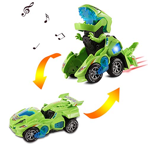 Ulikey Transformación Dinosaurio Coche, Coches de Dinosaurios Juguetes con luz LED Música, Robot de Coche Transformador de Dinosaurio para Juguetes para Regalos de Cumpleaños Niños Juguetes (Verde)