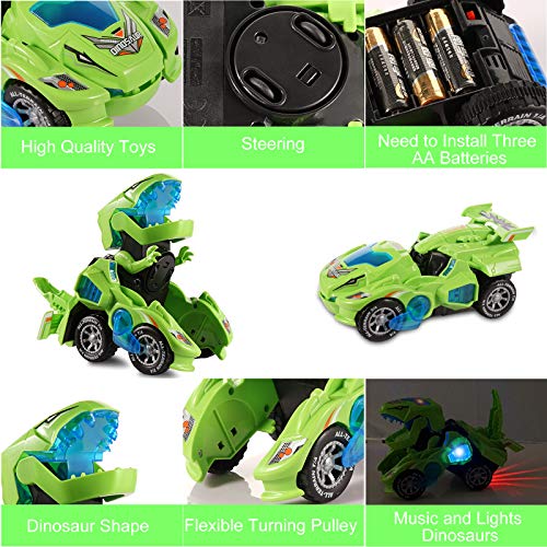 Ulikey Transformación Dinosaurio Coche, Coches de Dinosaurios Juguetes con luz LED Música, Robot de Coche Transformador de Dinosaurio para Juguetes para Regalos de Cumpleaños Niños Juguetes (Verde)