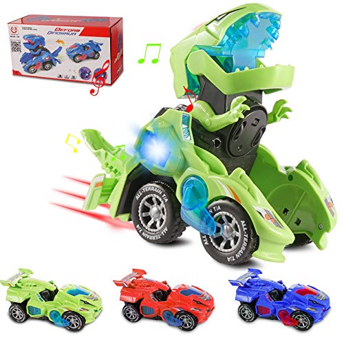 Ulikey Transformación Dinosaurio Coche, Coches de Dinosaurios Juguetes con luz LED Música, Robot de Coche Transformador de Dinosaurio para Juguetes para Regalos de Cumpleaños Niños Juguetes (Verde)