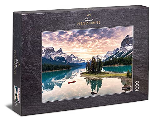 Ulmer Puzzleschmiede - Puzzle "La soledad": Puzzle de 1000 piezas - el solitario paisaje del lago Maligne en el Parque Nacional de Jasper en Canadá