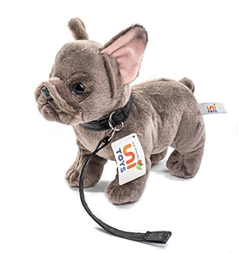 Uni-Toys - Bulldog francés con Correa - 26 cm (Longitud) - Perro, Mascota - Peluche de Peluche Gris HT-30145