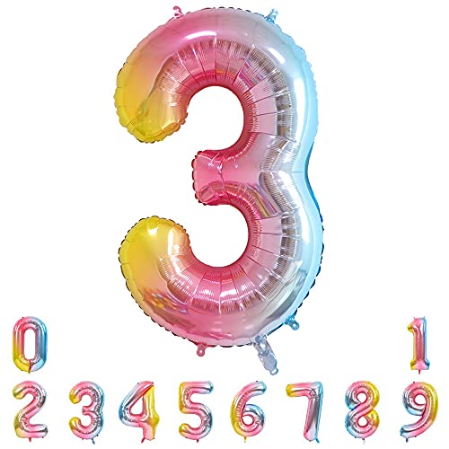 Unisun Globos numéricos, 101,6 cm grandes arco iris número 3 Foil Mylar helio globos para fiesta de cumpleaños decoración