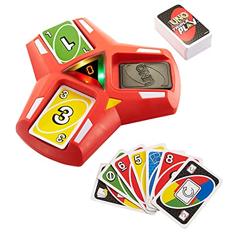 ​UNO Triple Play Card Game with Card-Holder Unit with Lights & Sounds & 112 Cards, Kid, Teen & Adult Game Night Gift Ages 7 Years & Older