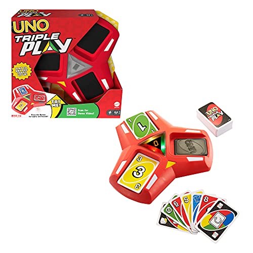 ​UNO Triple Play Card Game with Card-Holder Unit with Lights & Sounds & 112 Cards, Kid, Teen & Adult Game Night Gift Ages 7 Years & Older