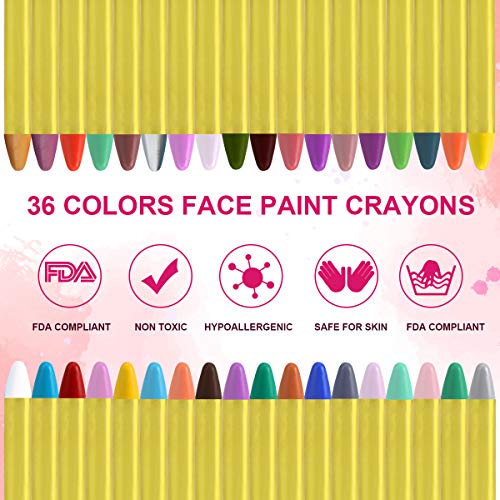 URAQT Crayones de Pintura Facial,Juego de Pintura Facial de 36 colores Para Niños para el Cuerpo con 30 Plantillas de Pintura, Perfecto para Halloween/Navidad/Cosplay de maquillaje