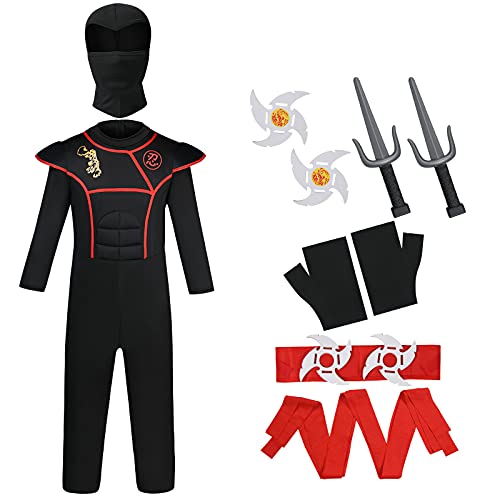 URAQT Disfraz de Ninja, Disfraz para Niños con Diseño Ninja, Mono de Superhéroe de Cosplay ​para Niños, Disfraz Infantil para Fiesta, Carnaval, Halloween (Rojo Negro)