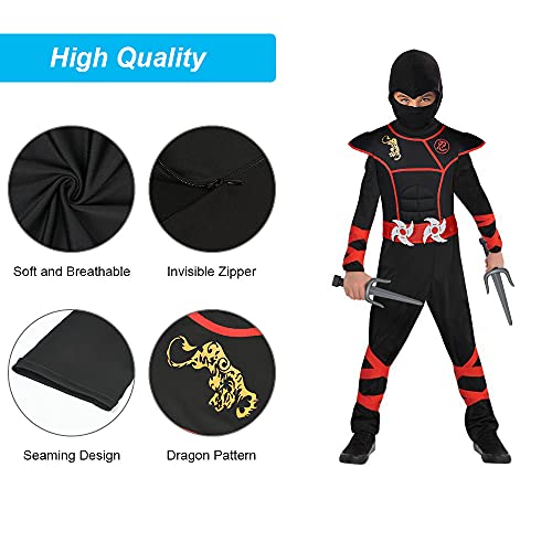 URAQT Disfraz de Ninja, Disfraz para Niños con Diseño Ninja, Mono de Superhéroe de Cosplay ​para Niños, Disfraz Infantil para Fiesta, Carnaval, Halloween (Rojo Negro)