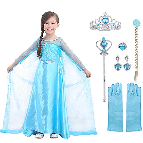 URAQT Disfraz de Princesa Elsa, Traje del Vestido Traje de Princesa de la Nieve Vestido Infantil Disfraz de Princesa de Niñas para a Cumpleaños Navidad Halloween