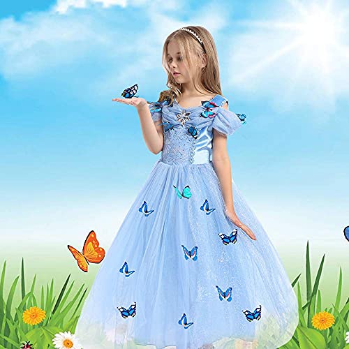 URAQT Vestido de Cenicienta, Disfraz de Princesa Cenicienta con Mariposa, Vestido de Princesa para Nñas, Elegante Vestido de Tul para Boda, Fiesta, para 3-8 años