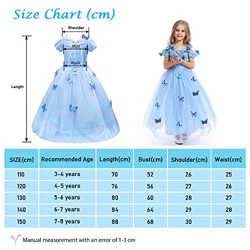 URAQT Vestido de Cenicienta, Disfraz de Princesa Cenicienta con Mariposa, Vestido de Princesa para Nñas, Elegante Vestido de Tul para Boda, Fiesta, para 3-8 años