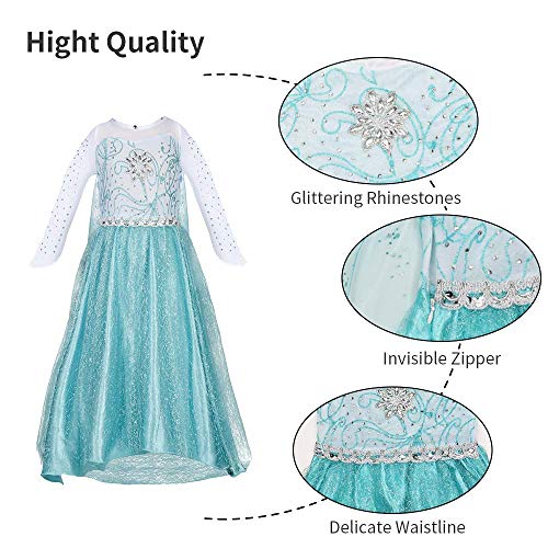 URAQT Vestido de Elsa, Disfraz de Princesa Elsa con Varita Corona Accesorios, Vestido de Cosplay de Niñas para Carnaval, Halloween y la Fiesta de Cumpleaños