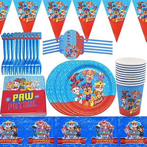 Vajilla de Fiestas Paw Dog Patrol Cumpleaños Decorar Suministros de Fiesta reutilizable Platos Servilletas Tazas Tenedores Pajitas Mantel Pancarta 62 Piezas