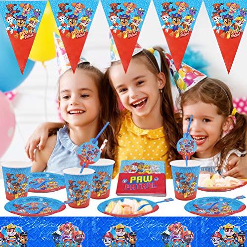 Vajilla de Fiestas Paw Dog Patrol Cumpleaños Decorar Suministros de Fiesta reutilizable Platos Servilletas Tazas Tenedores Pajitas Mantel Pancarta 62 Piezas