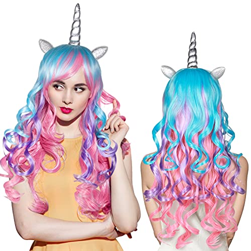 Vamei Peluca Unicornio Mujer Peluca Cosplay Anime Accesorios Unicornio Disfraz Adulto con Orejas y Cuerno de Unicornio para Fiesta Unicornio Cosplay Halloween Carnaval