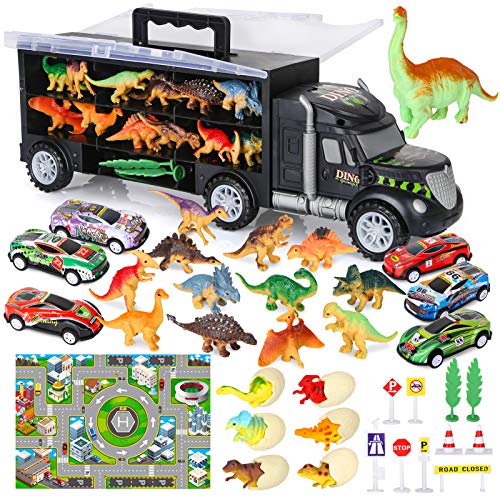 Vanplay Camión Transportador de Dinosaurios incluir Huevos de Dinosaurio Juguetes Mini Coche de Carreras, Tapete de Juego, Las señales de Tráfico para Niños y Niñas