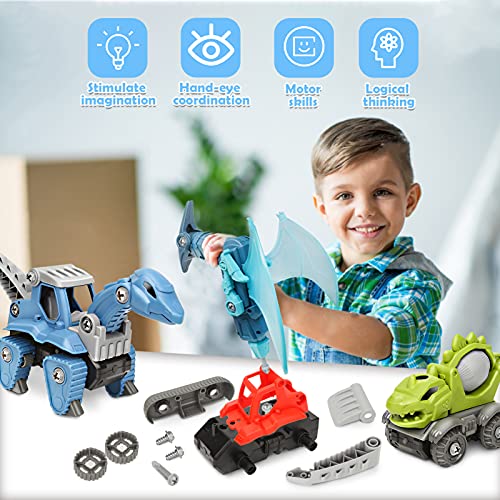 Vanplay Dinosaurios Vehículos de Construcción de Juguete, Desmontar y Ensamblarde Excavadora Camiones Juguetes con Caja de Almacenamiento Taladro Eléctrico para Niños y Niñas