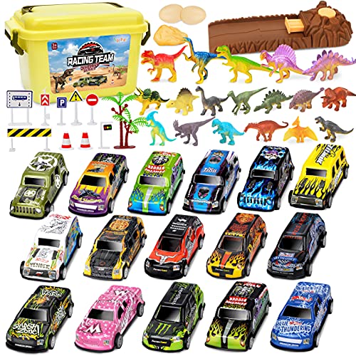 Vanplay Mini Coches de Juguetes con Dinosaurios Juguetes, Tapete de Juego, Tire hacia Atrás Coches para Niños 50 Piezas