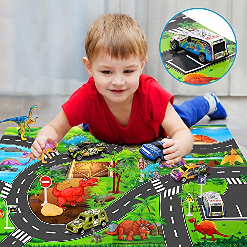 Vanplay Mini Coches de Juguetes con Dinosaurios Juguetes, Tapete de Juego, Tire hacia Atrás Coches para Niños 50 Piezas