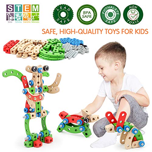 VATOS Juguete de Construcción de Madera, Stem Juguetes de Aprendizaje 96 PCS, Juego Educativo de Construcción de Juguetes para Niños y Niñas Edades 3 to 10 Años Mejor Regalo de Juguete