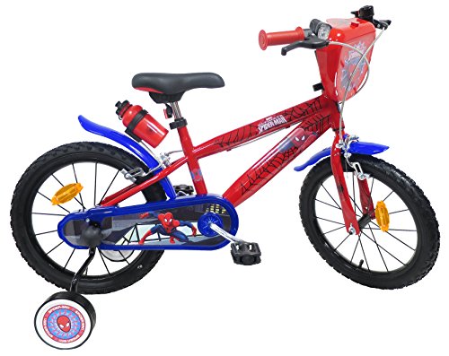 Vélo Enfant 16' Équipé de 2 Freins, Plaque Avant Décorative, et Porte Bidon, Garde Boue, Pneus Gonflables + Casque Spiderman Inclus Bicicleta de 16 Pulgadas, Niñas, Rojo y Azul