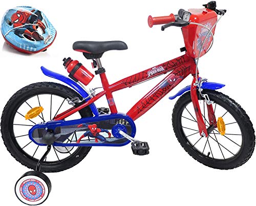 Vélo Enfant 16' Équipé de 2 Freins, Plaque Avant Décorative, et Porte Bidon, Garde Boue, Pneus Gonflables + Casque Spiderman Inclus Bicicleta de 16 Pulgadas, Niñas, Rojo y Azul