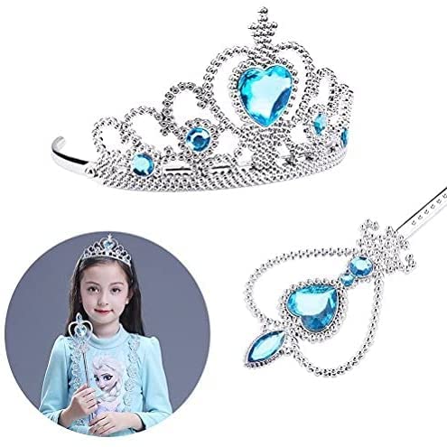 Vicloon Princesa Vestir Accesorios 5pcs Conjunto con Accesorios de Princesa del Hielo Elsa con Trenza Corona Sceptre Anillo Pendientes Guantespara niña, 2-9 años（Azul)