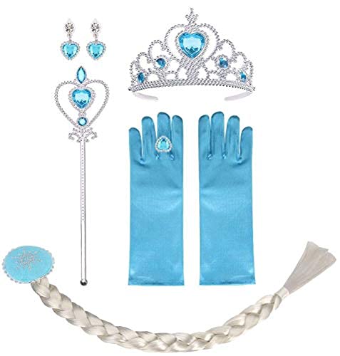 Vicloon Princesa Vestir Accesorios, 6pcs Vestido Elsa Accesorios Peluca/Corona/Sceptre/Anillo/Pendientes/Guantespara niña