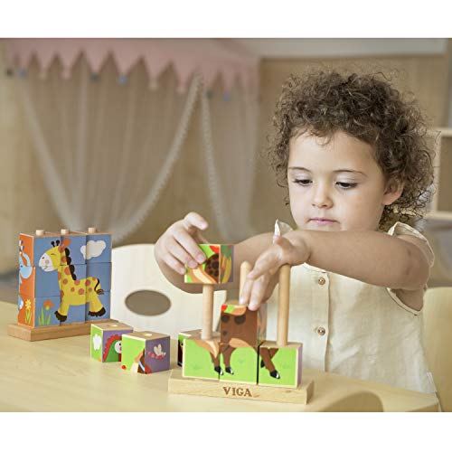 VIGA VIGA-50833 Toys 50833-Puzle para apilar Cubo-Animales de Granja-9 Piezas, Multicolor (50833)