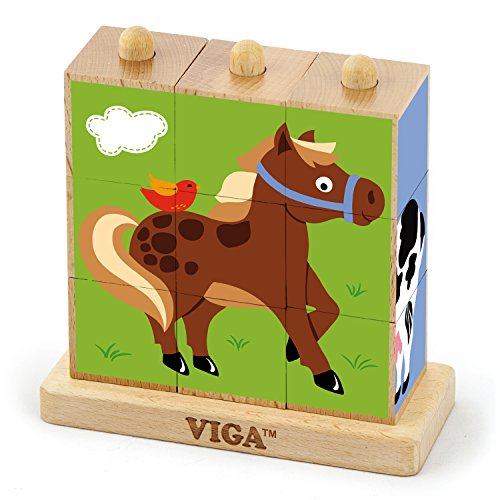 VIGA VIGA-50833 Toys 50833-Puzle para apilar Cubo-Animales de Granja-9 Piezas, Multicolor (50833)